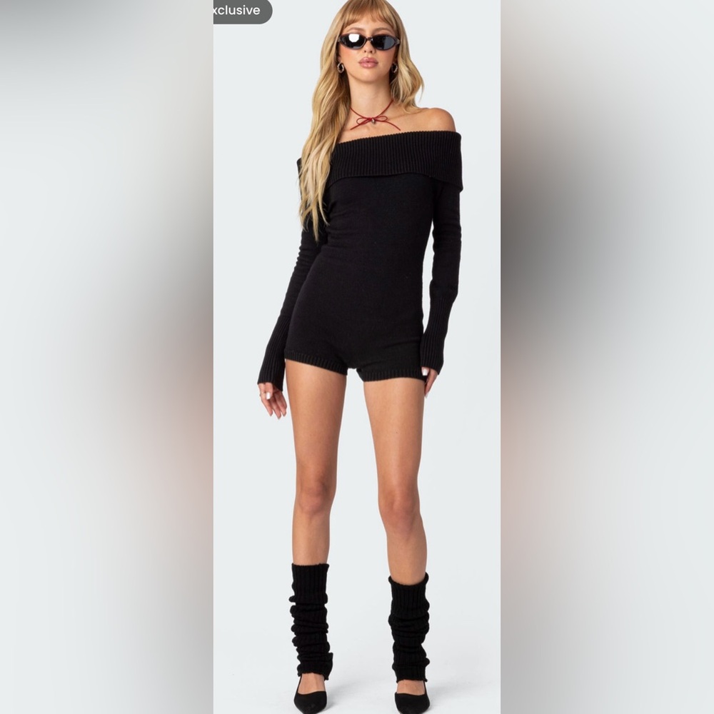 Muse Black Off-Shoulder Knit Cowl Neck Romper with Long Sleeves Y2K